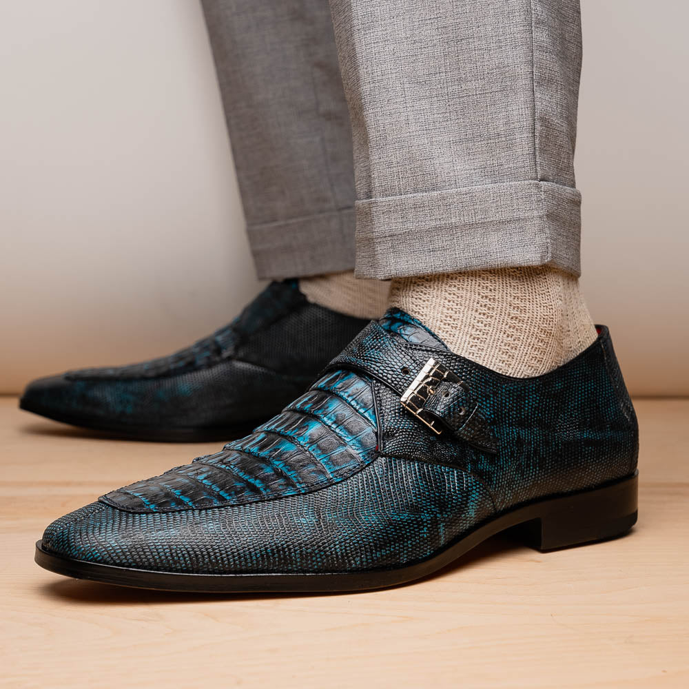 Toluca Blue/Black Jean Monk Strap Exotic Shoes