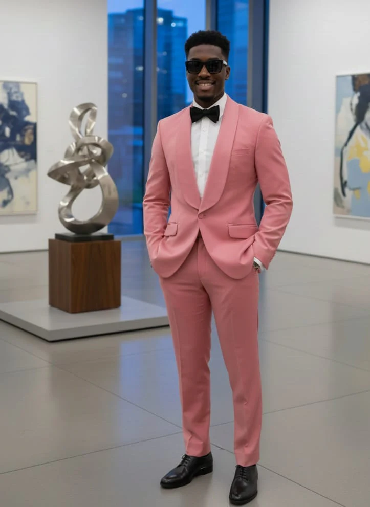 Mens Coral 2-Piece Slim Fit Suit – 1 Button Shawl Lapel with Flat Front Pants