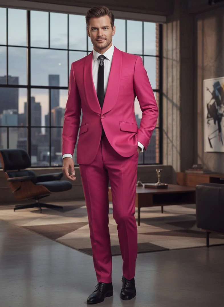 Mens Fuchsia Pink 2-Piece Slim Fit Suit – 1 Button Shawl Lapel with Flat Front Pants