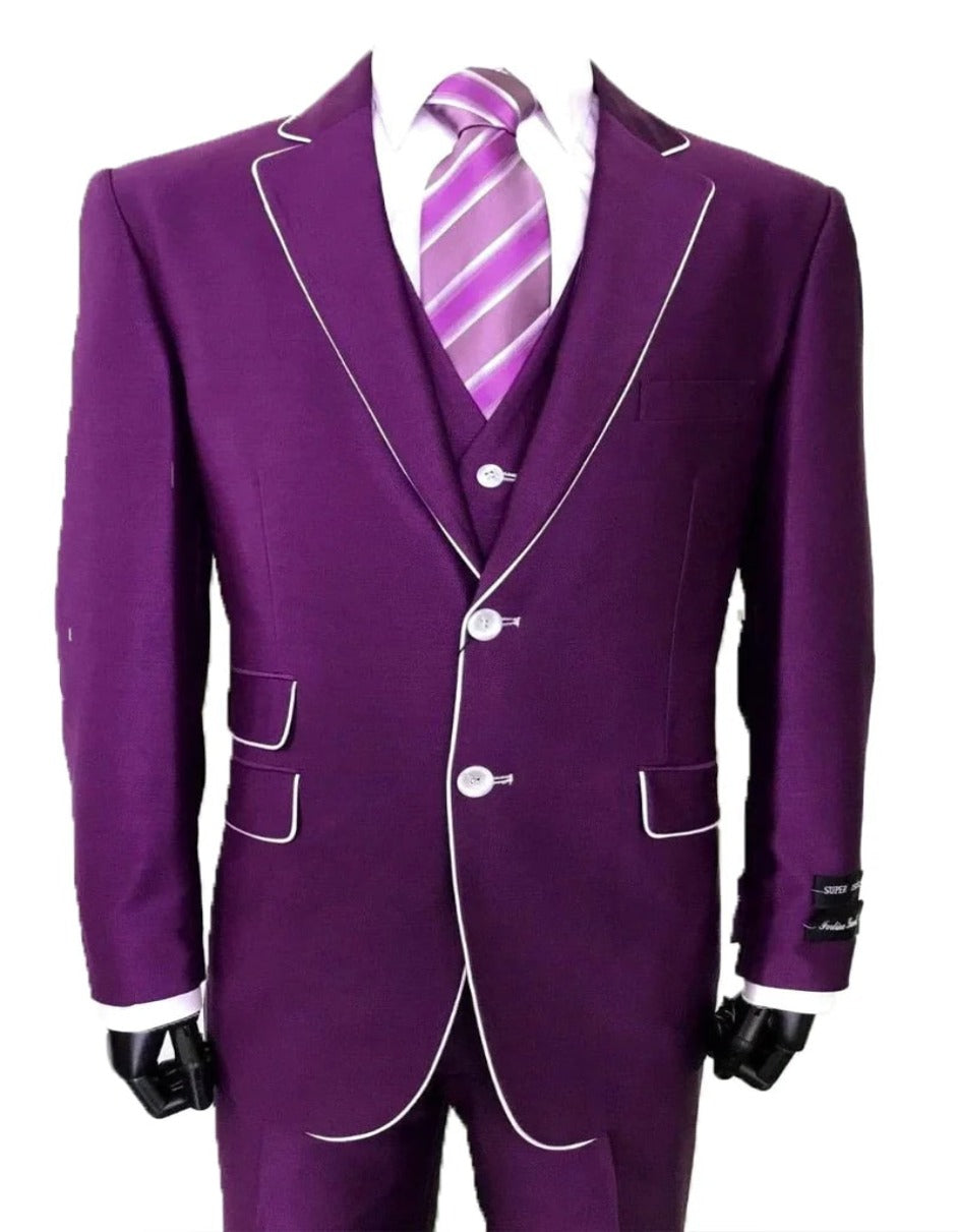 Slim Fit Purple Sharkskin Tuxedo with White Piping