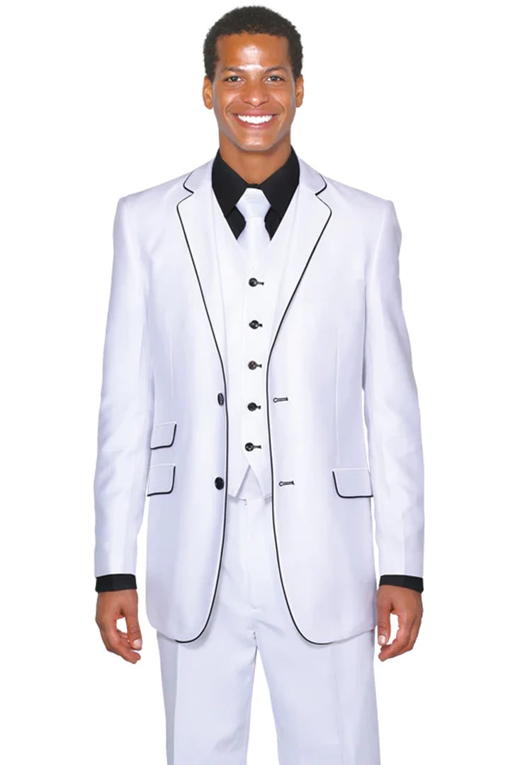 Slim Fit White Tuxedo Suit with Black Piping