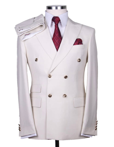 Modern Double Breasted White Wool Suit with Gold Buttons