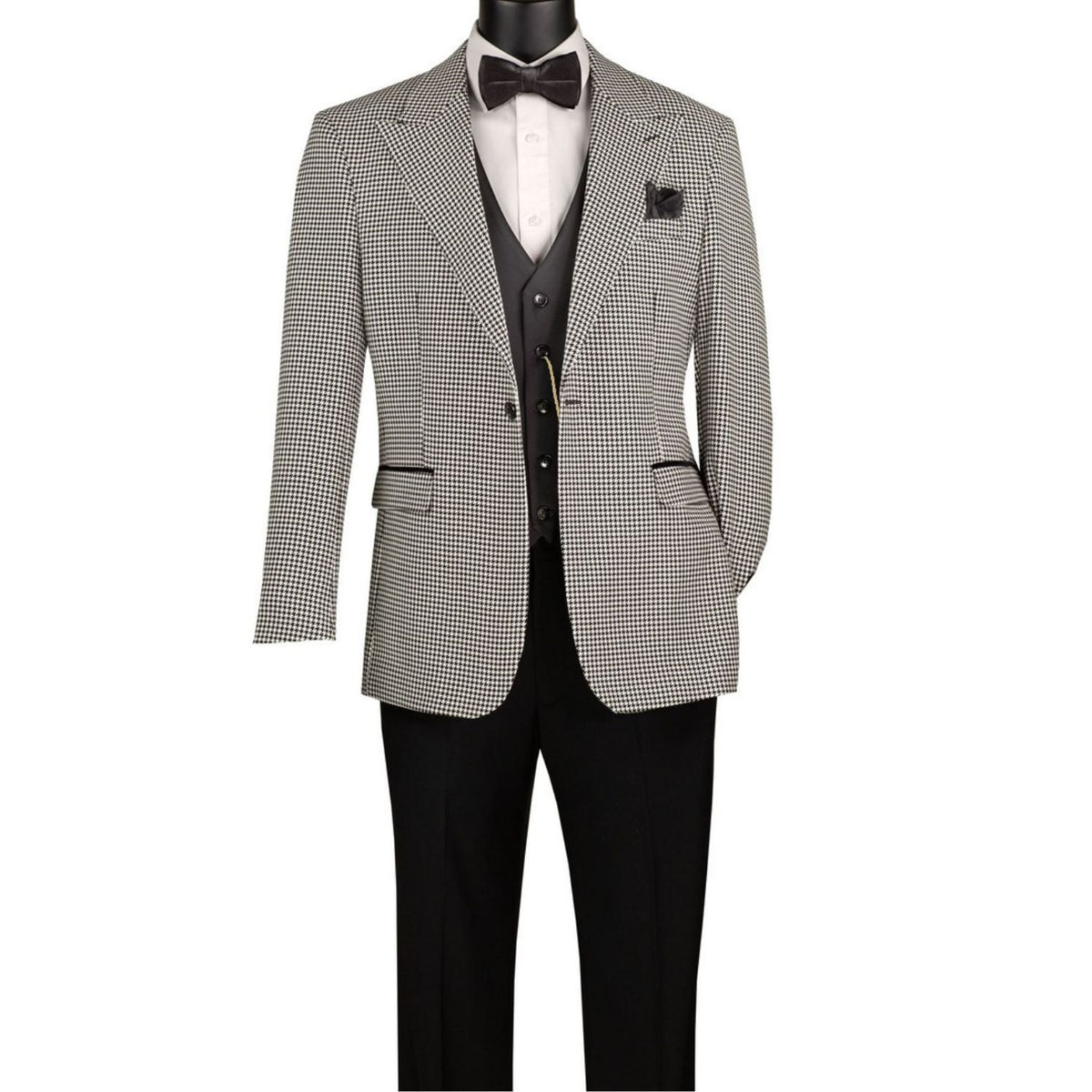 Men's black houndstooth 3-piece modern fit suit with solid black vest and pants