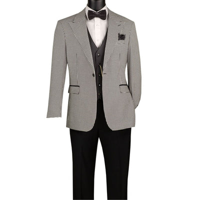 Men's black houndstooth 3-piece modern fit suit with solid black vest and pants