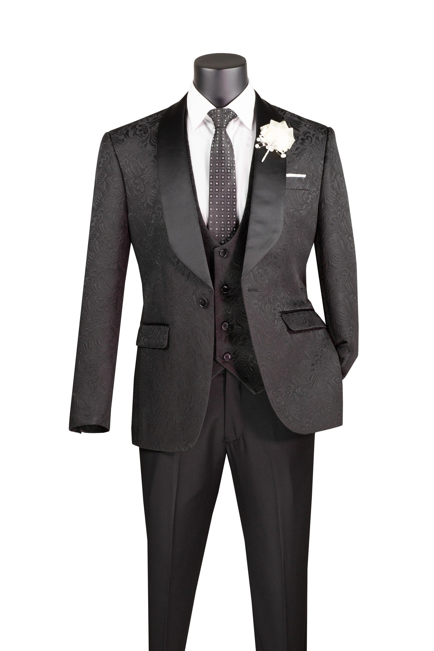 Slim Fit Black Jacquard Tuxedo 3 Piece