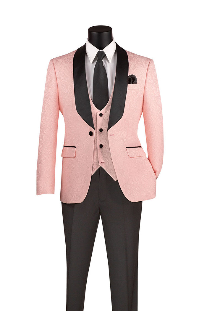 Pink Jacquard Slim Fit 3-Piece Tuxedo