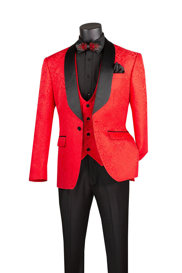 Red Jacquard Slim Fit 3 Piece Tuxedo