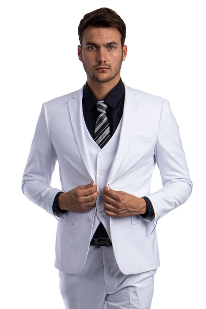 White Slim Fit Two Button Vested Suit for Men