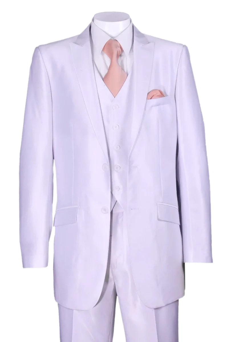 Slim Fit 2 Button Sharkskin Suit with Vest - White