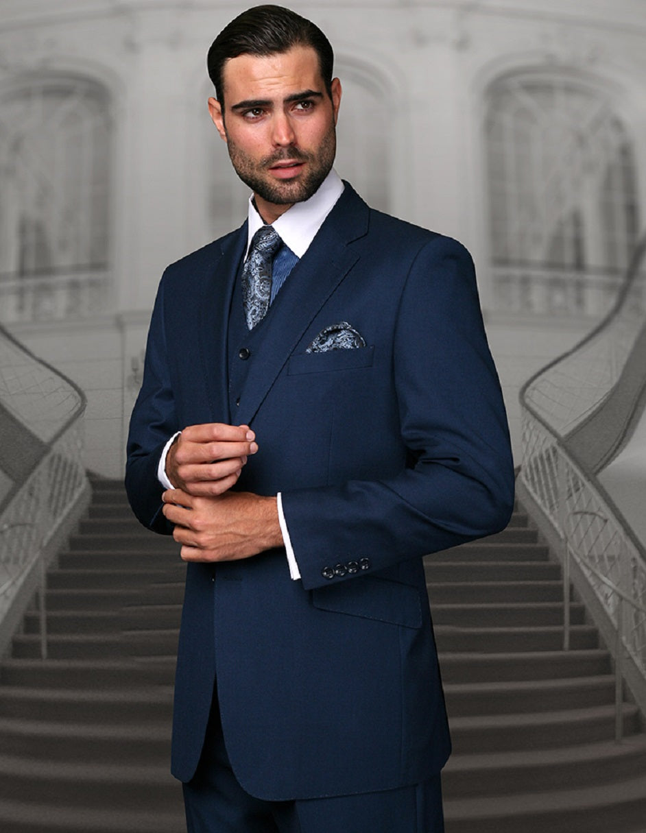 Classic Fit Pleated Wool Suit - Indigo Blue