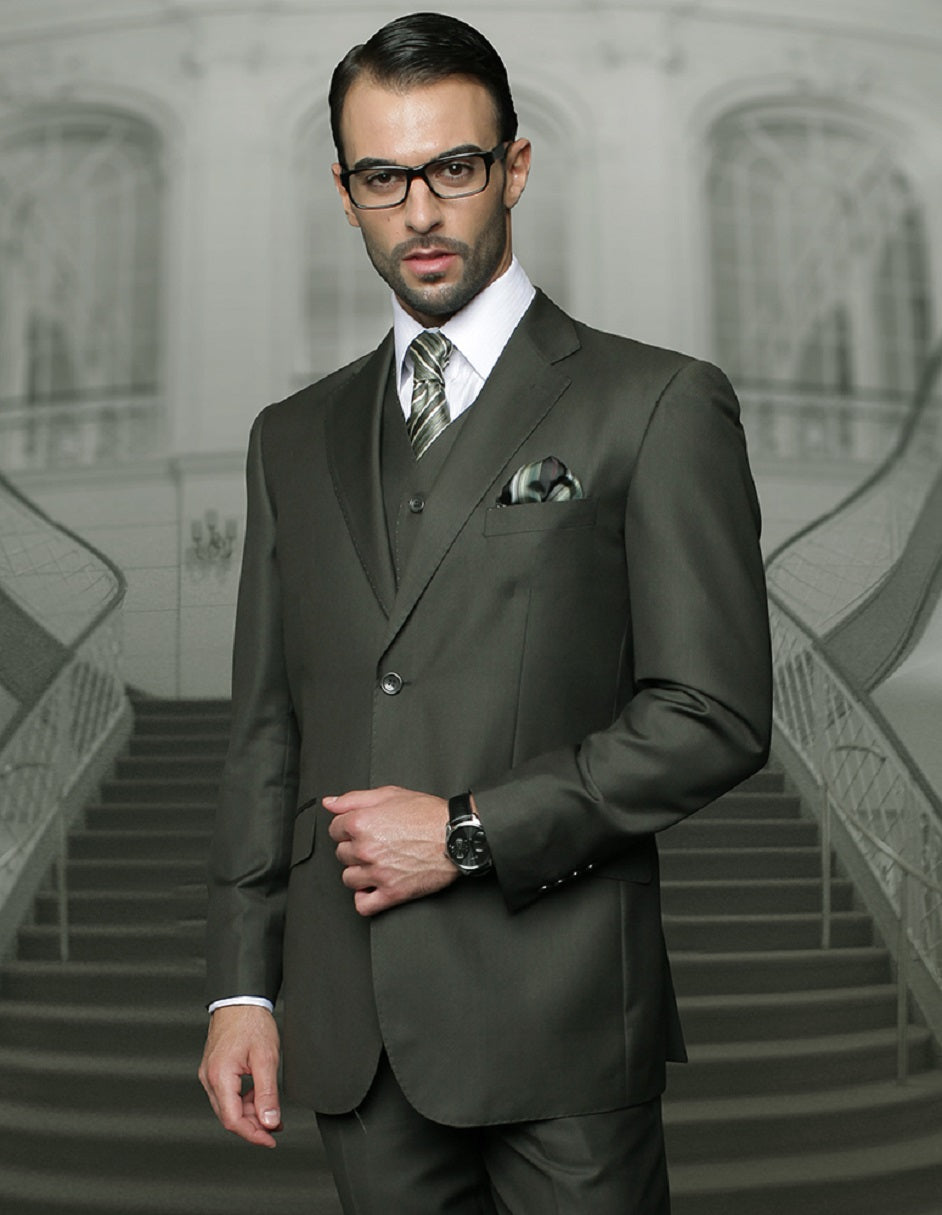 Olive Green Modern Fit Wool Business Suit