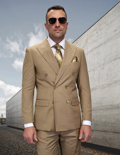 Statement Men's Double Breasted Wool Beige Caramel Modern Fit Suit TZD-100