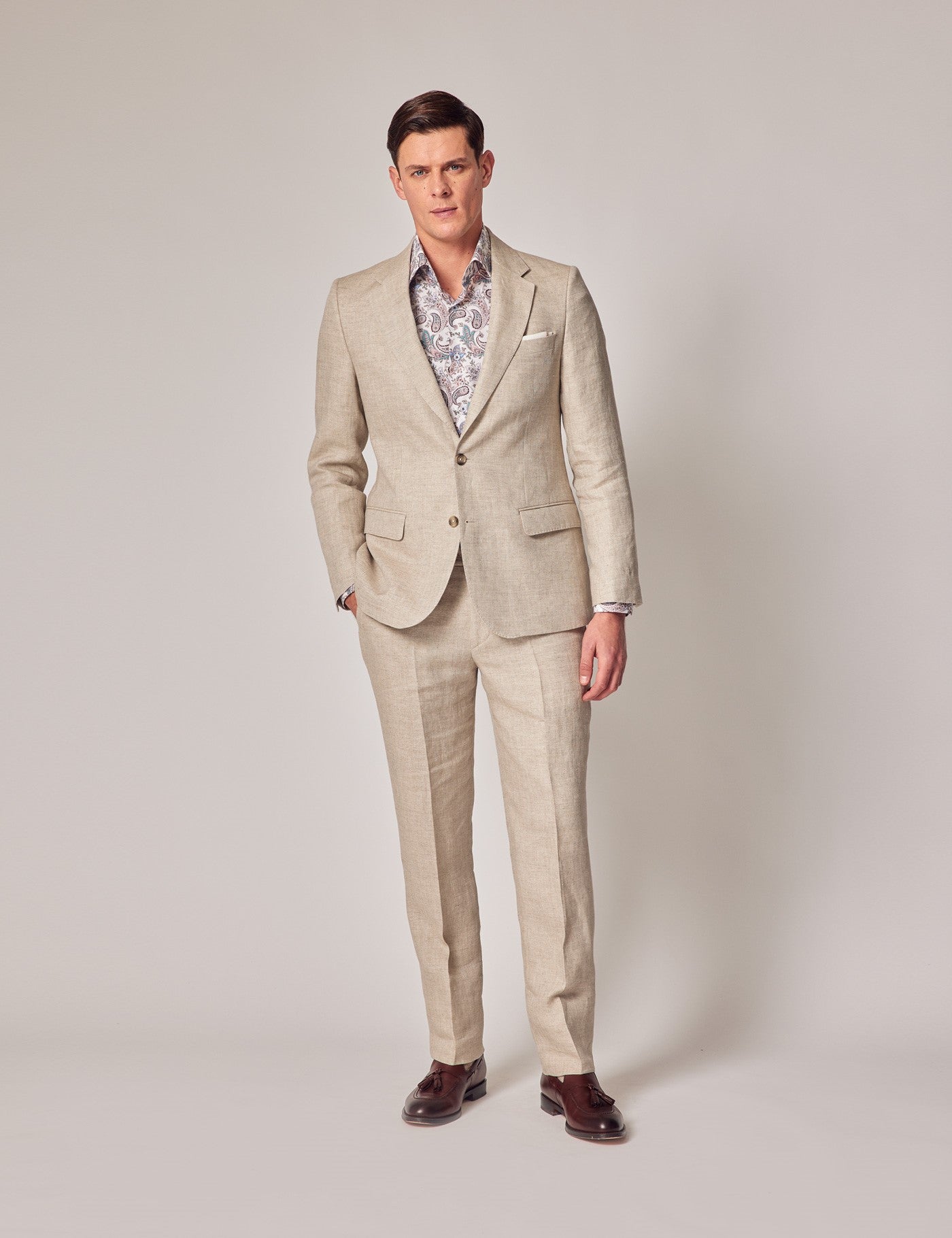 Natural Herringbone Linen Suit for Beach Weddings