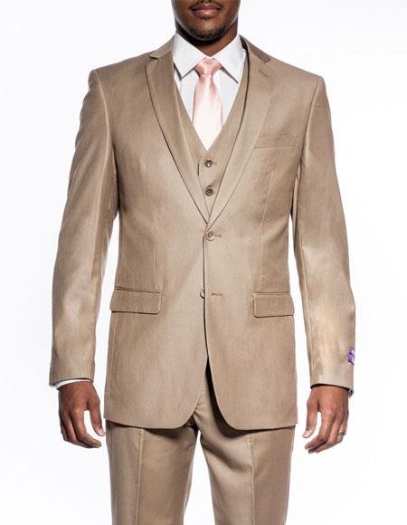 Men's 3 piece slim fit wedding prom Tan ~ Beige vested suit