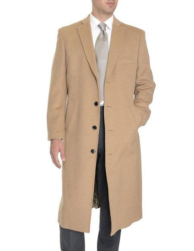 Men's Dress Coat Tan 4 Buttons Full Length Wool Cashmere Blend Overcoat Top Coat