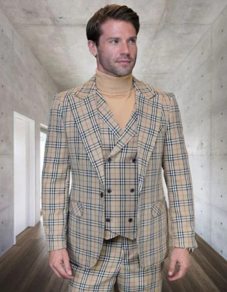 Tan Plaid Gatsby-Inspired Suit for Men