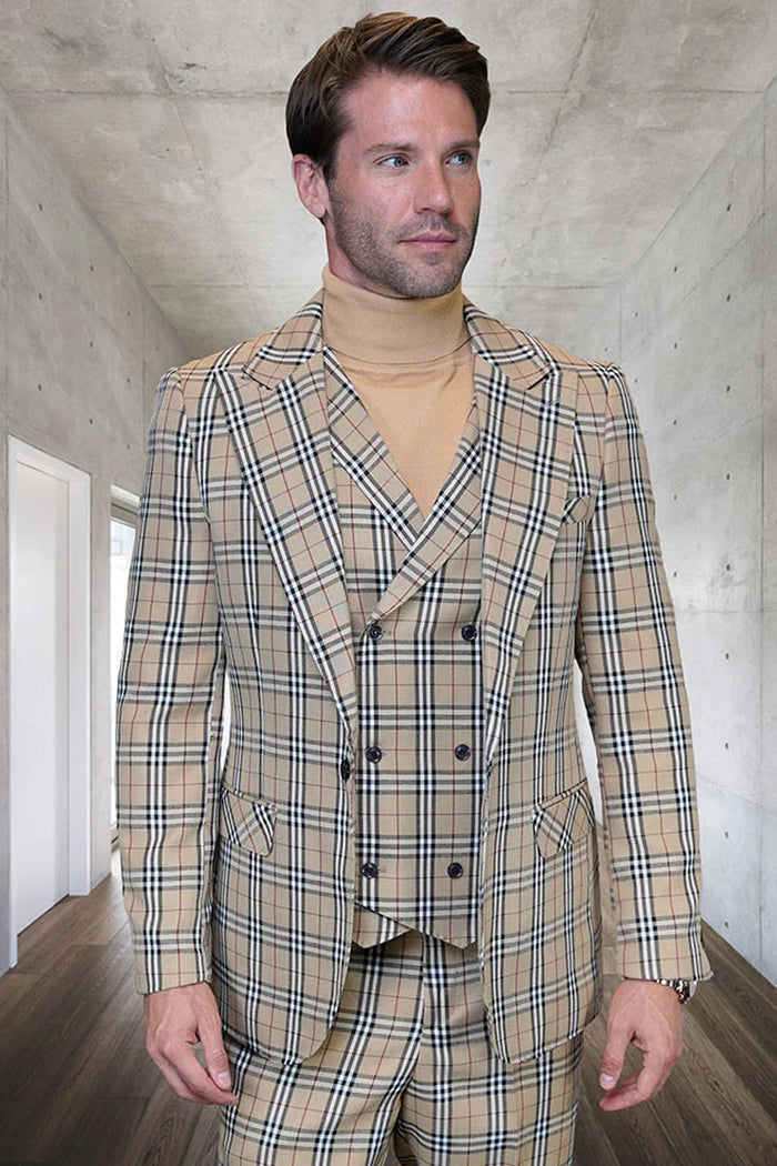 Tan Windowpane Plaid Wool Suit - 1 Button Vested