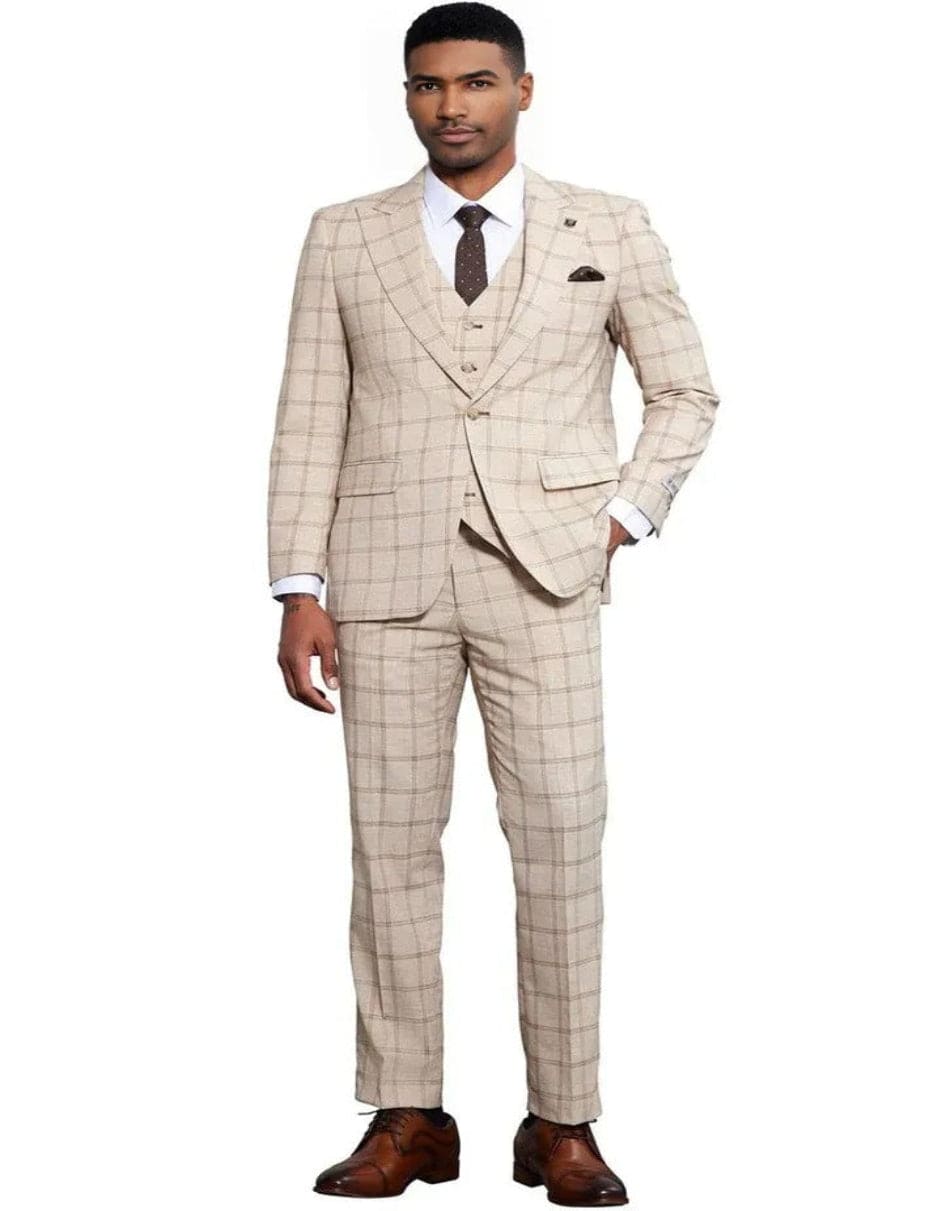 Stacy Adams Tan Peak Lapel Plaid Suit