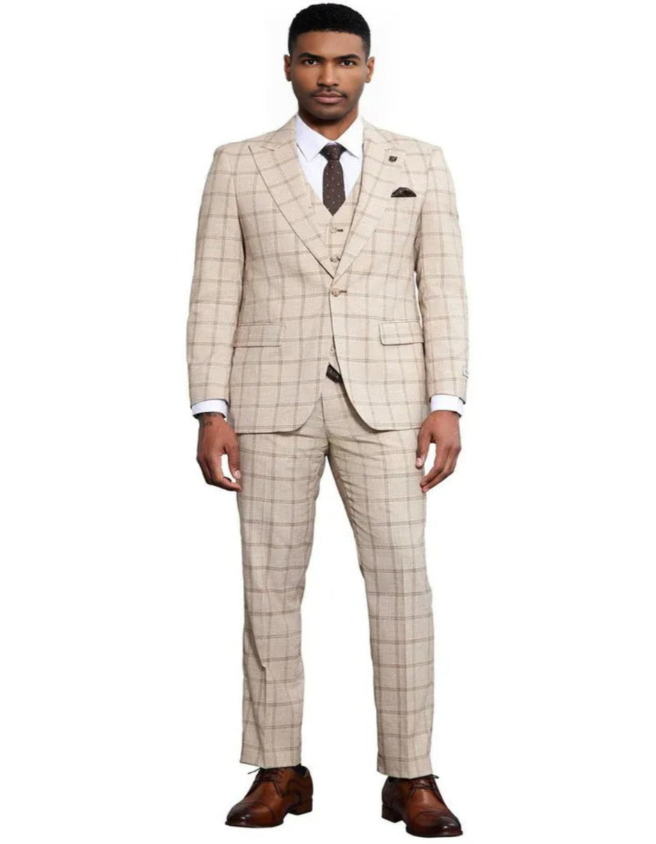 Stacy Adams Tan Peak Lapel Plaid Suit
