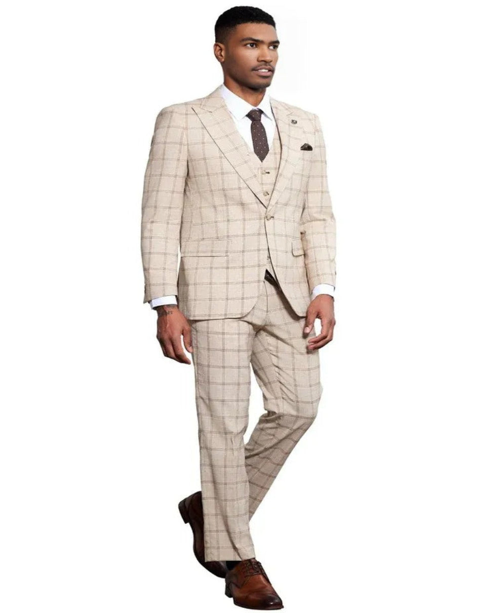 Stacy Adams Tan Peak Lapel Plaid Suit