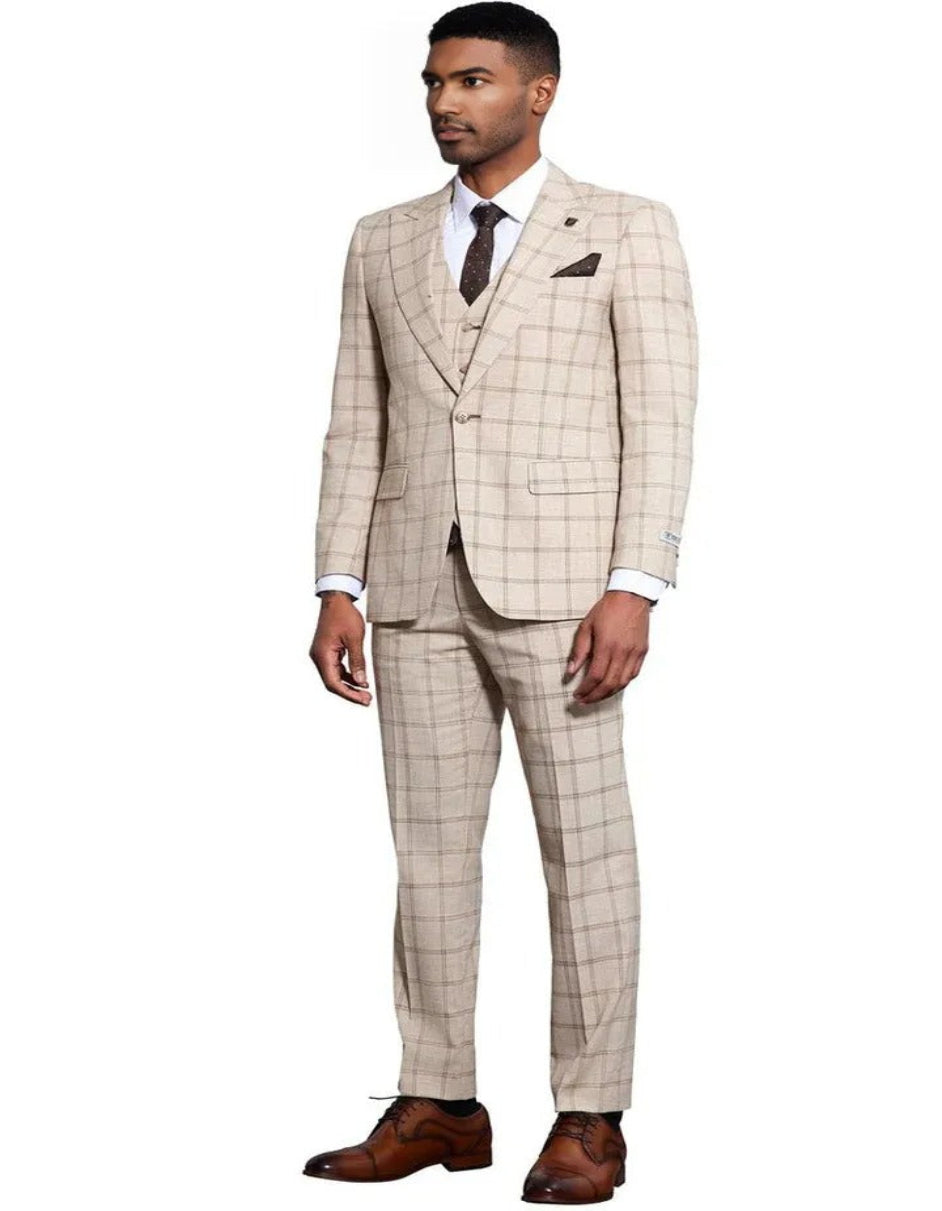 Stacy Adams Tan Peak Lapel Plaid Suit