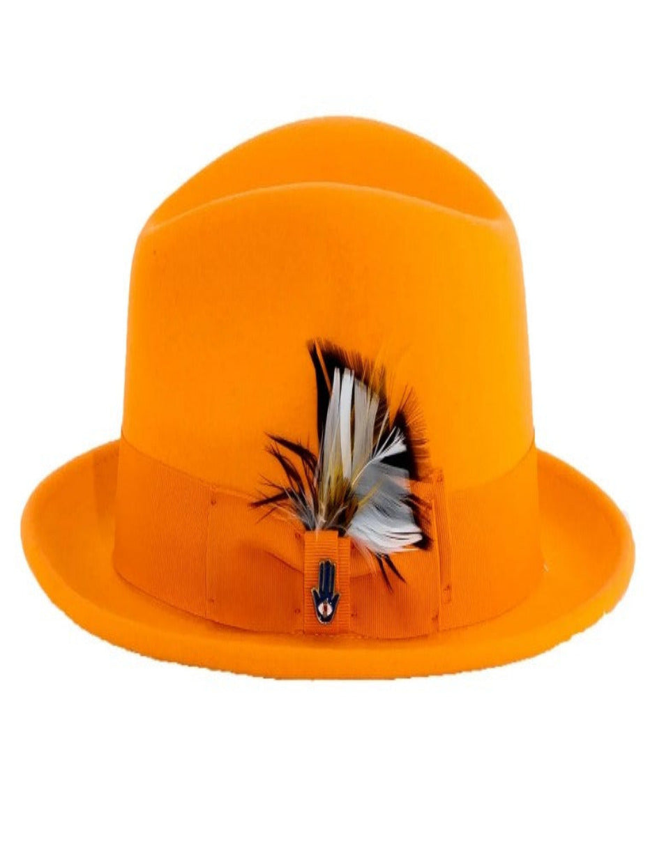 1920s Tangerine Fedora – Men’s Narrow Brim Crushable Wool Trilby Dress Hat in Orange
