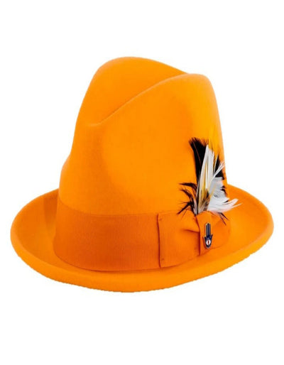 1920s Tangerine Fedora – Men’s Narrow Brim Crushable Wool Trilby Dress Hat in Orange