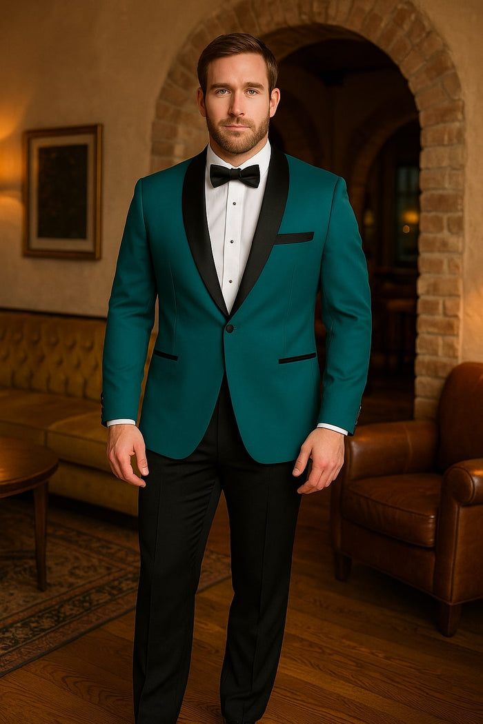 Teal Velvet One Button Men's Tuxedo with Satin Lapel