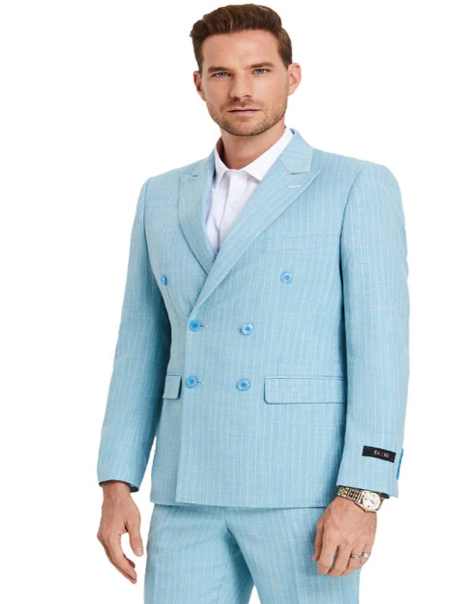Slim Fit Double Breasted Teal Pinstripe Suit