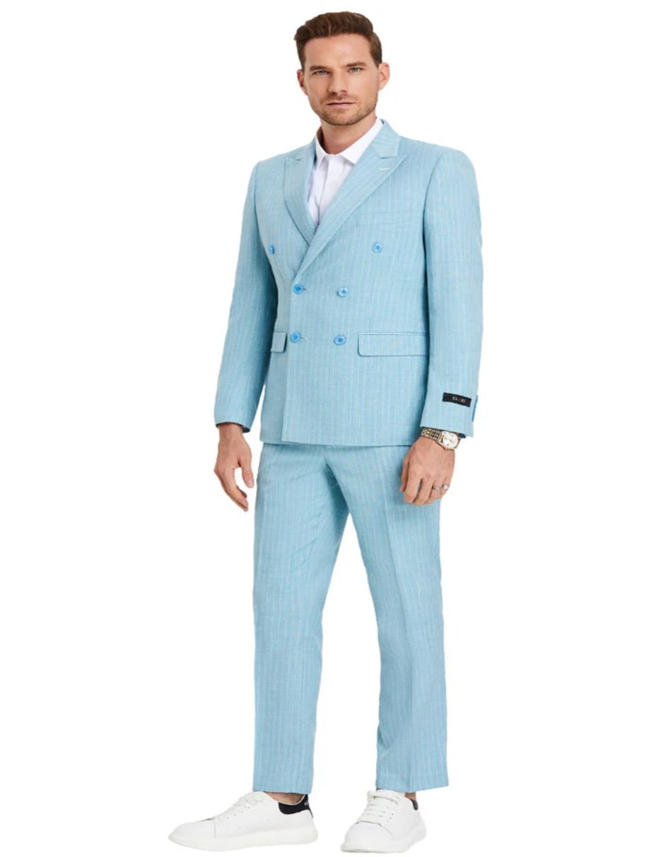 Slim Fit Double Breasted Teal Pinstripe Suit