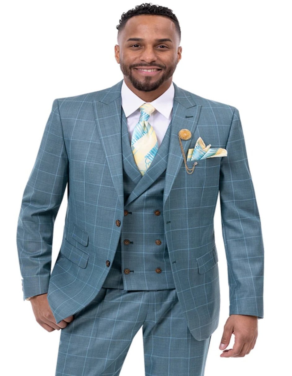Teal Blue Windowpane Vested Suit, Peak Lapel