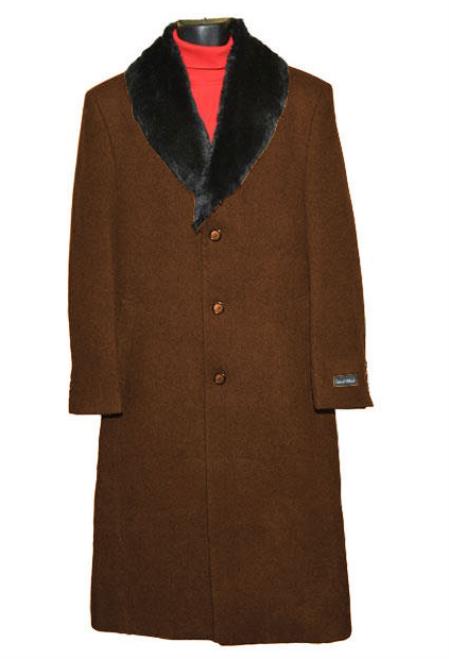 Men's Dress Coat Brown (Removable ) Fur Collar 3 Button Full Length Overcoat ~ Long Men's Dress Topcoat - Winter coat full length Fabric Also