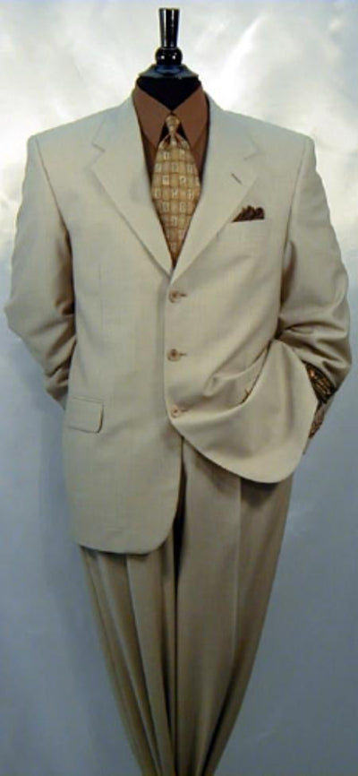 3 buttons Tan ~ Beige Side Vented Pleated Pants Wool Solid premier quality italian fabric Suit