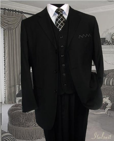 Classic 3PC 3 Button Solid Black Vested Men's Suit With Pleated Pants