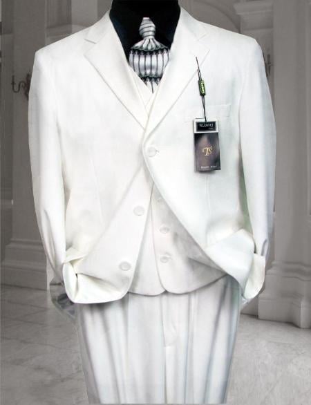 CLASSIC 3PC High Vested 3 BUTTON SOLID All White Suit For Men WITH Pleated PANTS EXTRA FINE
