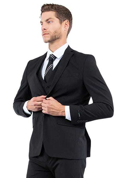 One Button Vested Slim Fit Black Suit for Men