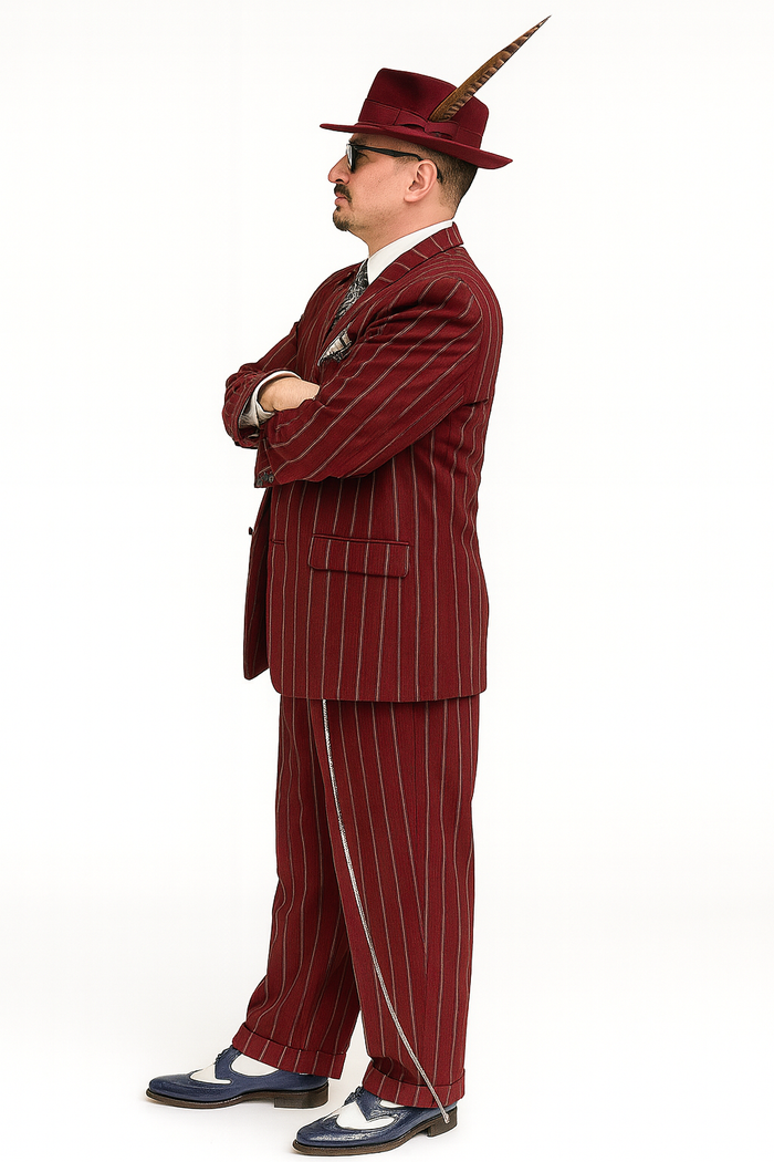Burgundy Pinstripe 1920s Zoot Suit-3 Piece Set