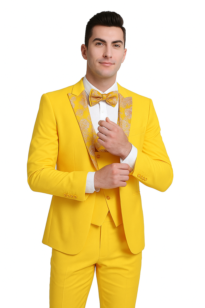 Radiant Golden Bloom 3-Piece Floral Lapel Suit