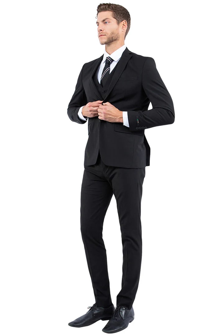 One Button Vested Slim Fit Black Suit for Men