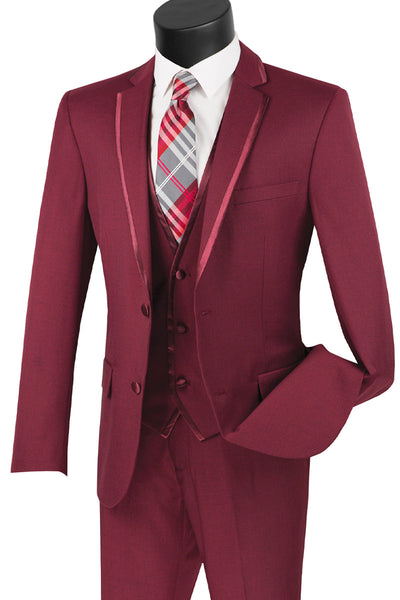 Burgundy Slim Vested Tuxedo Suit with Satin Trim