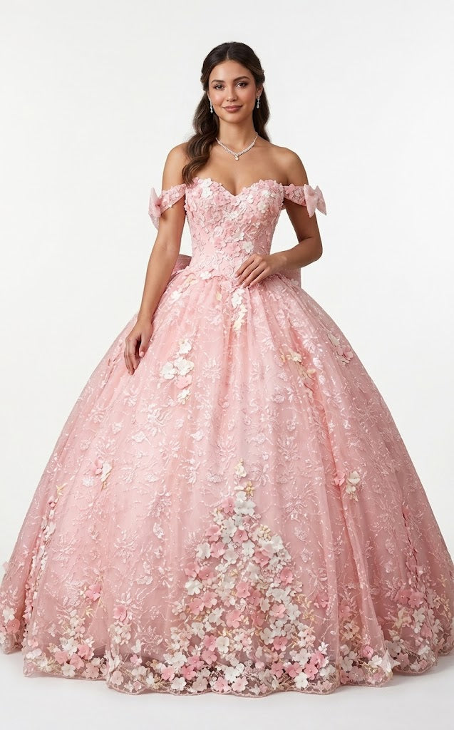 Off-Shoulder Quinceañera Gown with Floral Sweetheart Neckline & Corset Back Bow by Trevi TL3073C