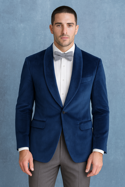 Mens Velvet Dinner Jacket - Mens Tuxedo Blazer With Trim Shawl Collar Navy Blue