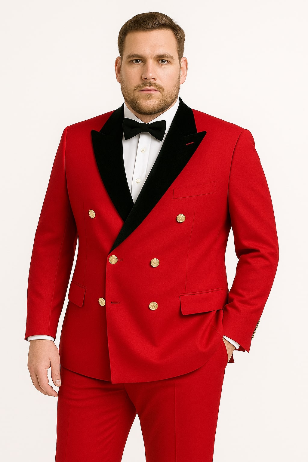 Men's Red Double-Breasted Wedding Tuxedo with Black Velvet Lapel and Gold Buttons - Christmas New Year Suit