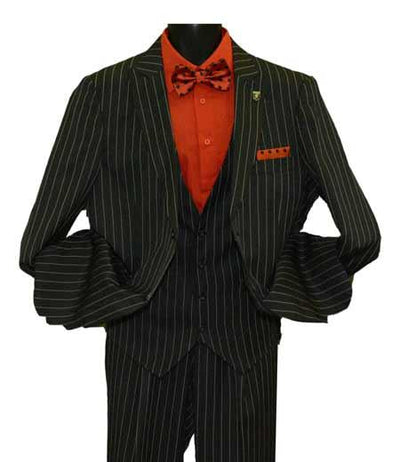 Men's Peak Lapel Striped Two Button Vested Suit Black