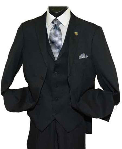 Men's Black 2 Button Side Vent Peak Lapel V-Neck Vested Suit