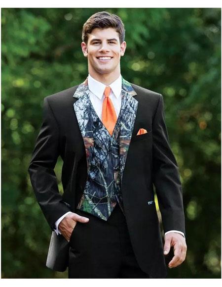 Men's Black Slim Fit 2 Button Full Sleeve Camo Print Wedding Tuxedo Suit