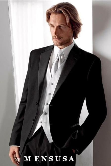 Men’s Black Super 120s Tuxedo Package Deal, 2 Button Formal Suit with White Shirt, Tie and Vest