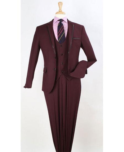 Men's Two Toned And Fashion Trim Lapel Burgundy Wedding / Prom / Homecoming Tuxedo Vested 3 Pieces Burgundy Suit