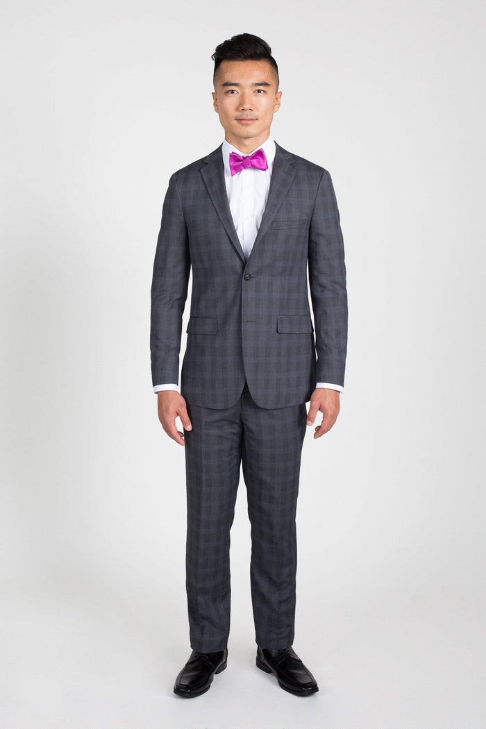 Men's 2 Button Charcoal Grey Plaid Slim Fit Groomsmen Suits ~ Groom Wedding Suit - Color: Dark Grey Suit