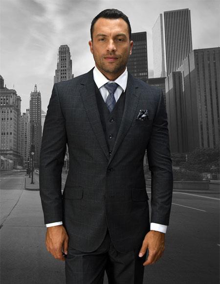 Statement Men's 3 Piece 100% Wool Modern Fit Suit - Plaid Suit